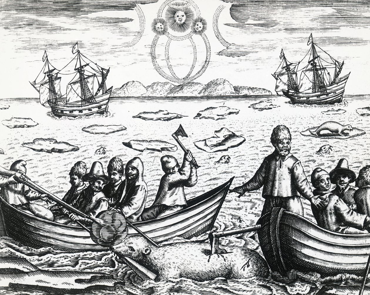 Aurora borealis en ijsberenjacht tijdens de derde expeditie geleid door Willem Barentsz in 1596, gravure door Theodore de Bry