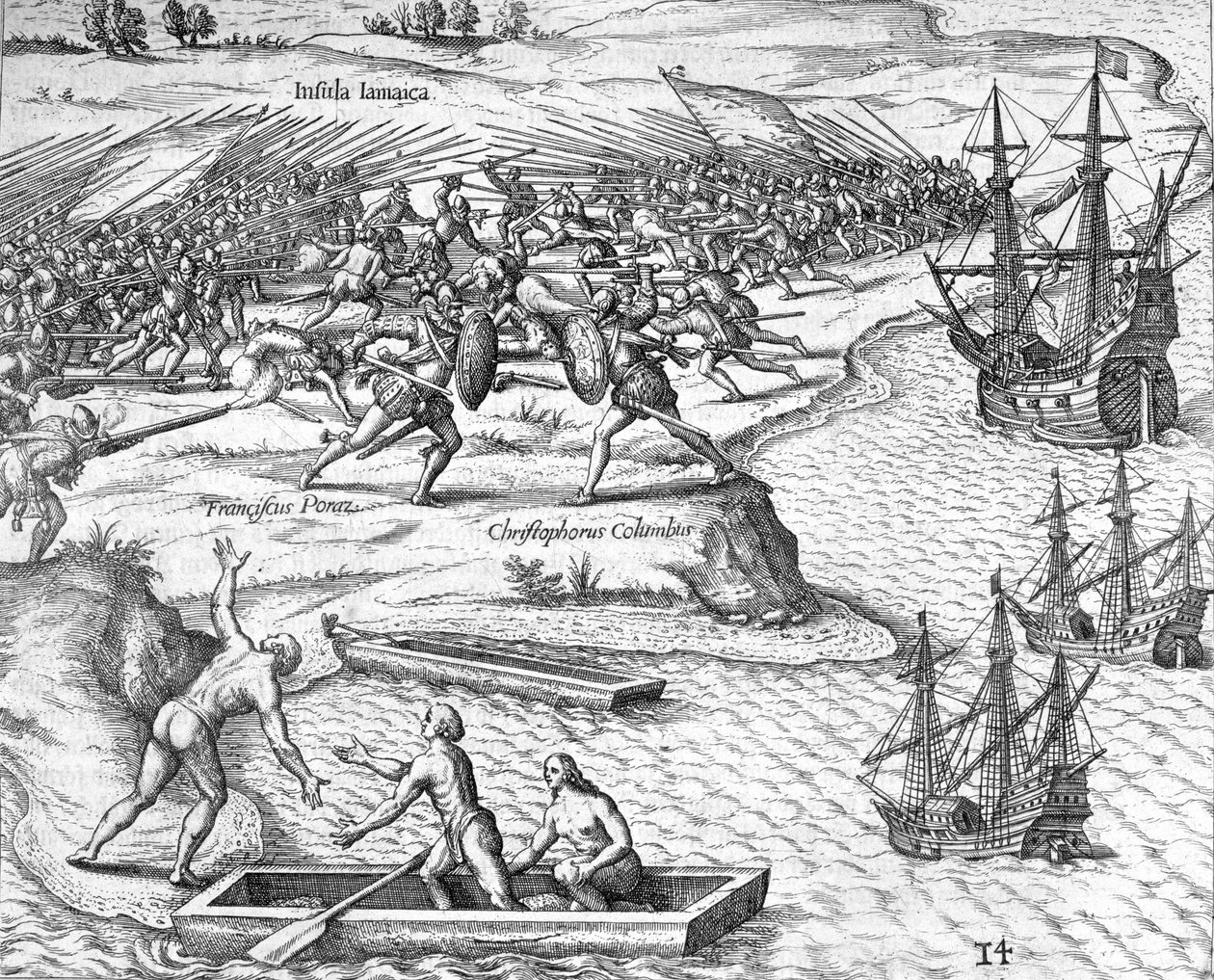 Slag op Jamaica tussen Christoffel Columbus en Francisco Poraz, 1504-1631 door Theodore de Bry