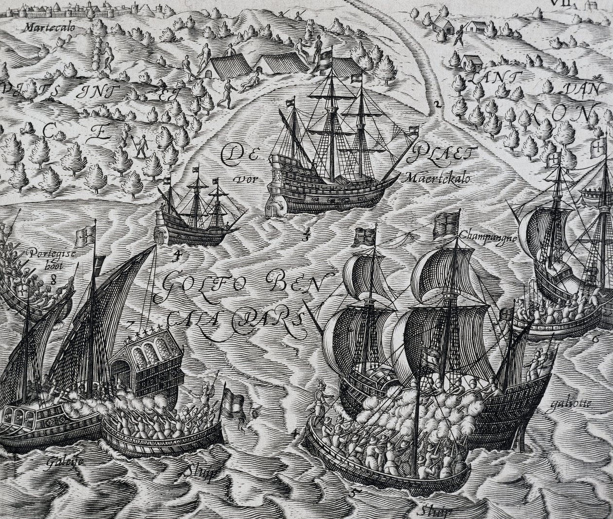 Slag voor de stad Matical in de Baai van Bengalen, gravure uit Indiae Orientalis, door Theodor de Bry door Theodore de Bry