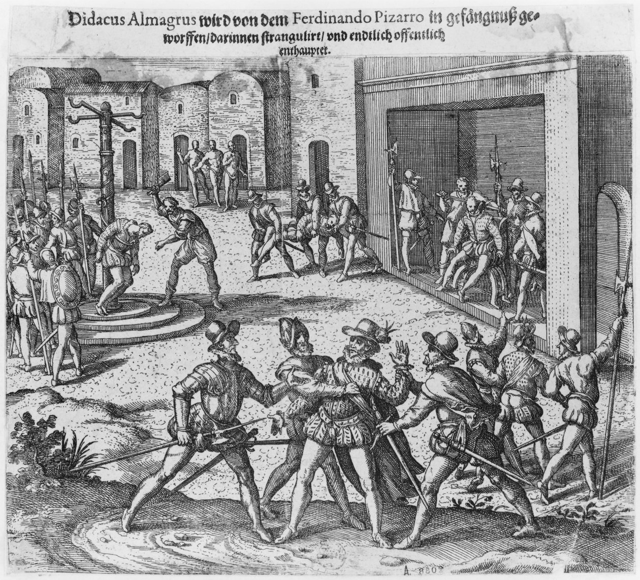 Gevangenneming, proces en executie van Diego de Almagro in opdracht van Francisco Pizarro door Theodore de Bry