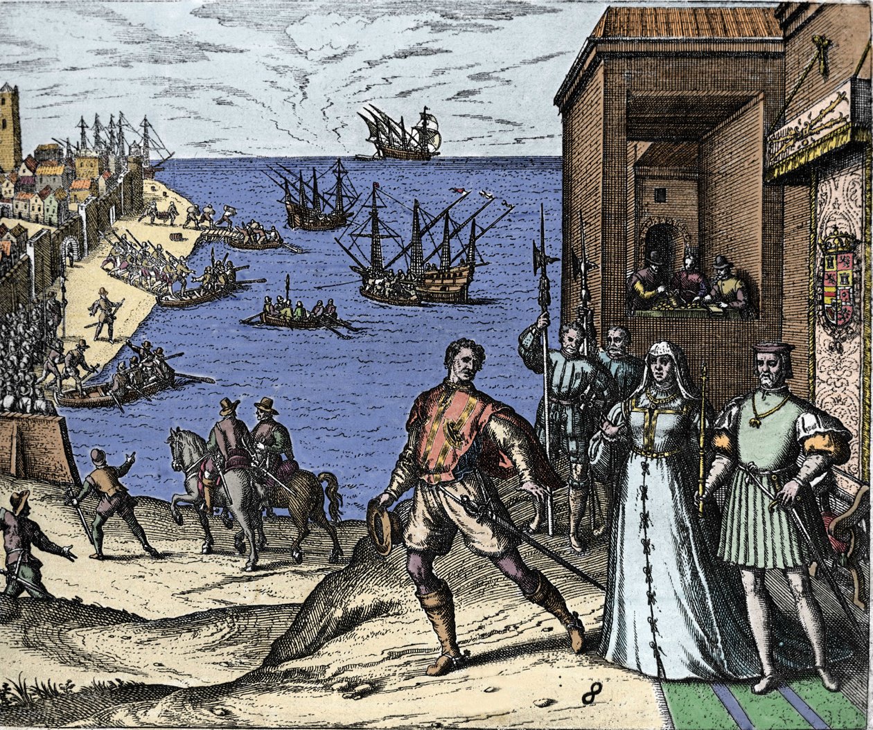 Christoffel Columbus en de Pinzon-broers verlaten de haven van Palos in Spanje op 03/08/1492 naar de Nieuwe Wereld. Rechts de koning en koningin van Portugal, katholiek Ferdinand II van Aragon en Isabella I van Castilië. Gravure door Theodore de Bry in "Ad door Theodore de Bry