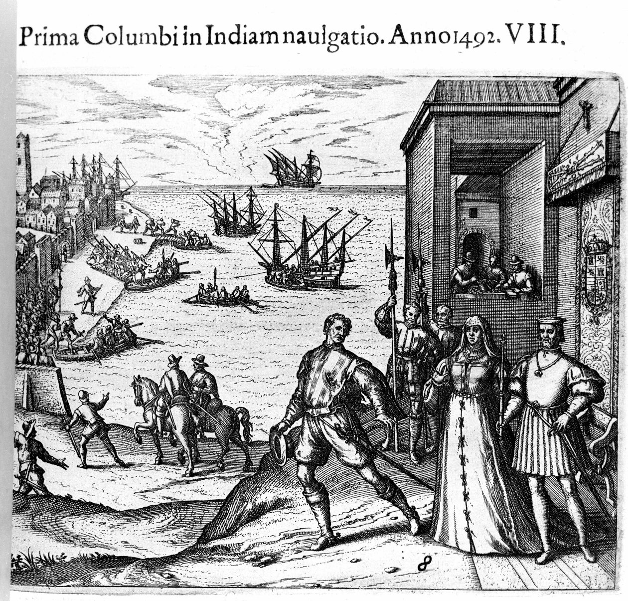 Christoffel Columbus en de Pinzon-broers verlaten de haven van Palos in Spanje op 03/08/1492 naar de Nieuwe Wereld. Rechts de koning en koningin van Portugal, katholiek Ferdinand II van Aragon en Isabella I van Castilië. Gravure door Theodore de Bry in "Ad door Theodore de Bry
