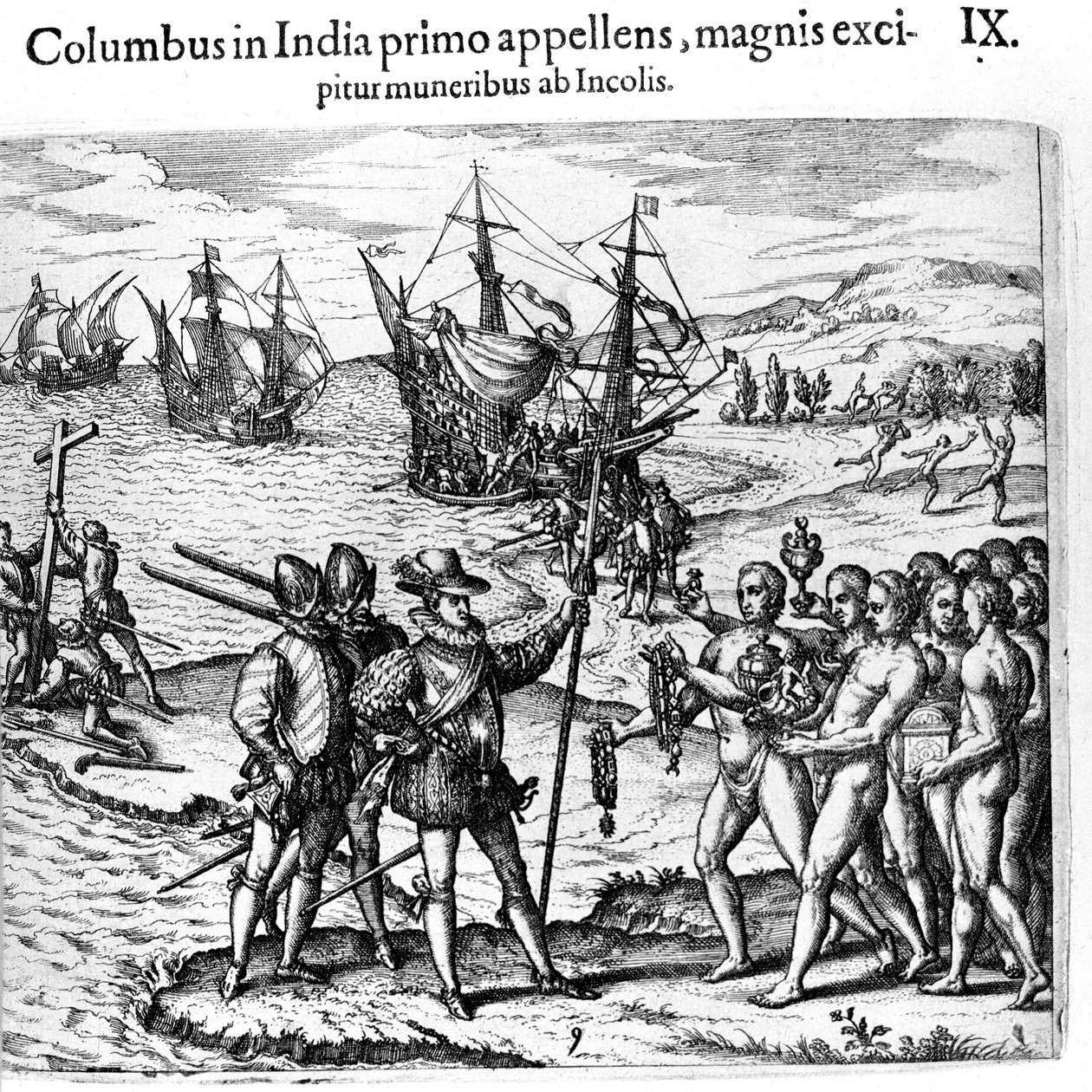 Christoffel Columbus arriveert in de West-Indië. Gravure door Theodor de Bry in 
