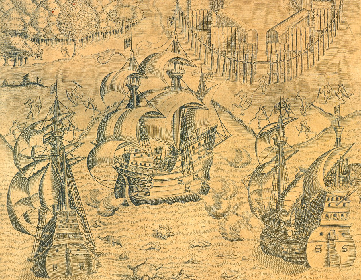 Botsing tussen Franse en Portugese schepen in de Atlantische Oceaan om bezit van Brazilië door Theodore de Bry