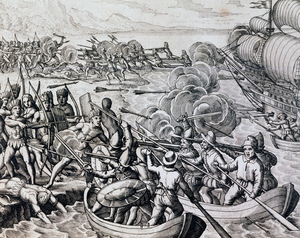 Botsing tussen inheemse Indianen en Spaanse troepen, gravure uit Historia Americae, door Theodor de Bry, Frankfurt door Theodore de Bry