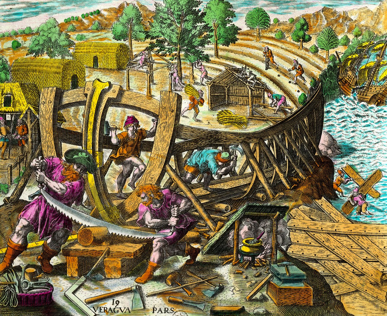 Bouw van een boot voor de Spaanse navigator Vasco Núñez de Balboa (1475-1517). Gravure uit 