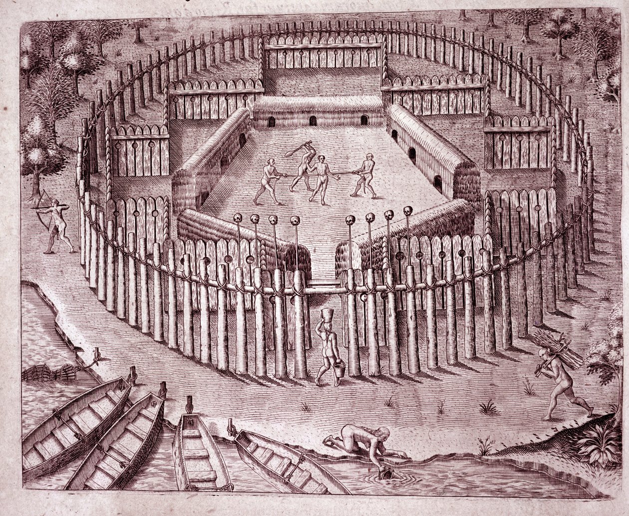 Verdedigingssysteem van de indianenhutten door een dubbele rij boomstammen eromheen te planten. De afgehakte hoofden van vijanden worden bovenop geplaatst (Gravure) door Theodore de Bry