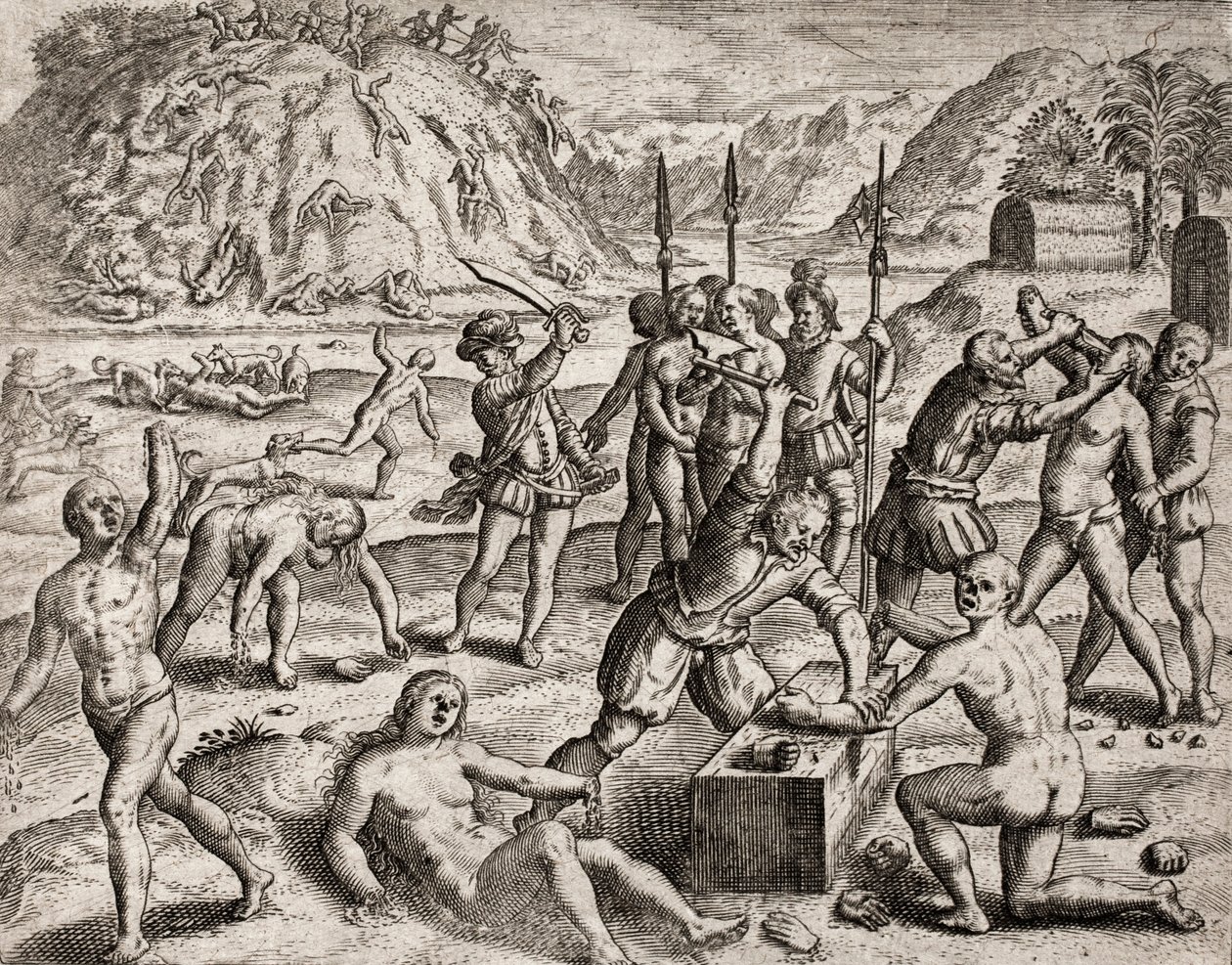 Beschrijving van misdaden begaan tegen Indianen door Spaanse kolonisten - Conquistadores die een Indiaans dorp afslachten. Amputaties van handen - Gravure door Theodore de Bry in "Narratio regionum indicarum per Hispanos quosdam devastatarum verissima" doo door Theodore de Bry
