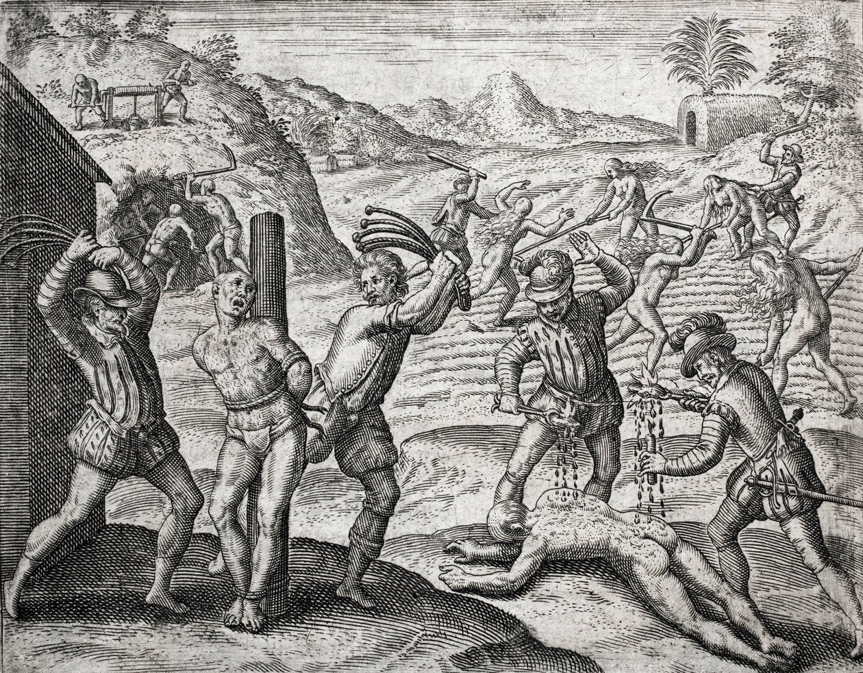 Beschrijving van misdaden begaan tegen Indianen door Spaanse kolonisten - Spanjaarden martelen Indianen - Gravure door Theodore de Bry in 