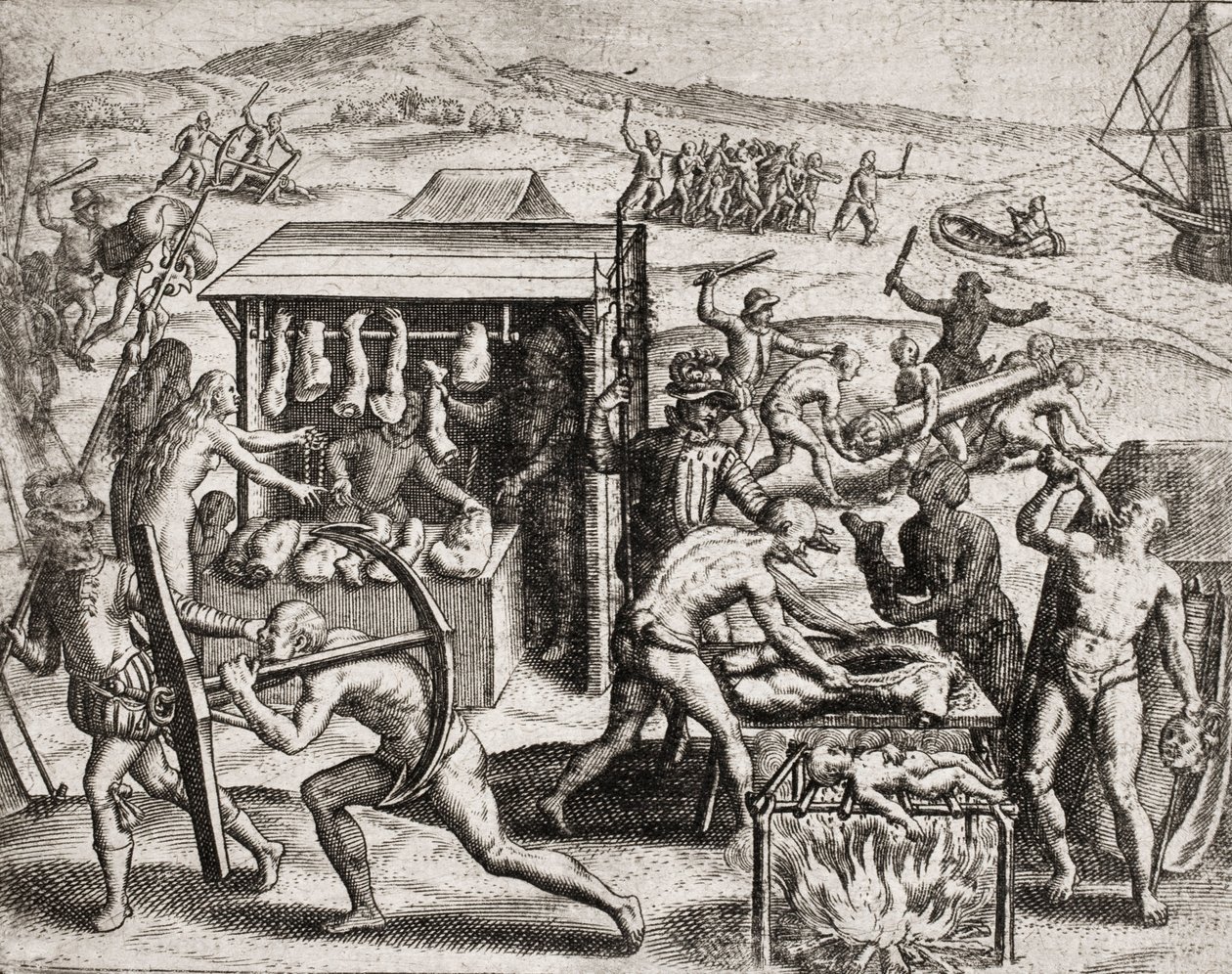 Beschrijving van misdaden begaan tegen Indianen door Spaanse kolonisten - Spaanse conquistadores die Indianen aan het werk zetten en hen mishandelen - Antropofage Indianen - Gravure door Theodore de Bry in 