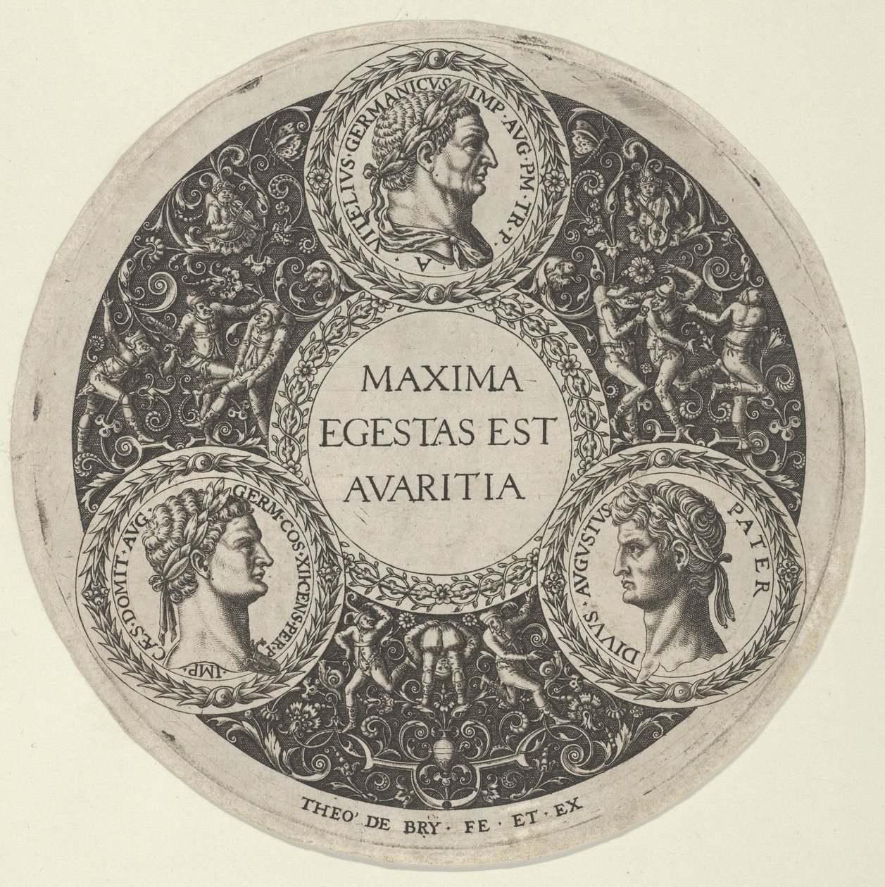 Ontwerp voor een schaal met portretten van de Romeinse keizers Vitellius, Domitianus en Augustus, ca. 1588 door Theodore de Bry