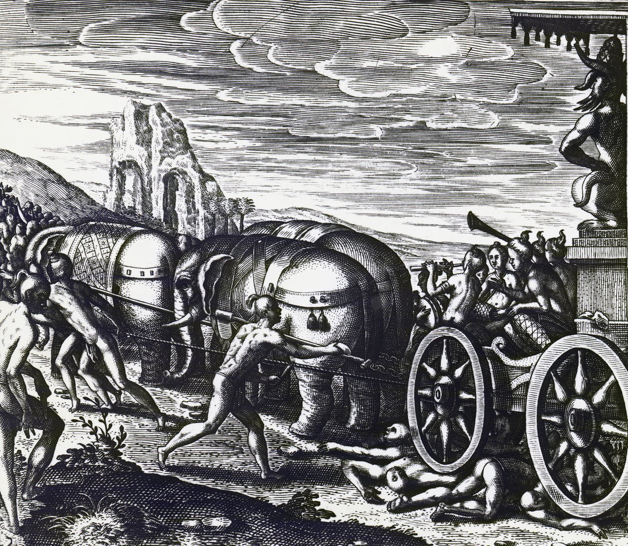 Toegewijden worden verpletterd door wagen tijdens processie van idool, door Theodor de Bry, gravure door Theodore de Bry