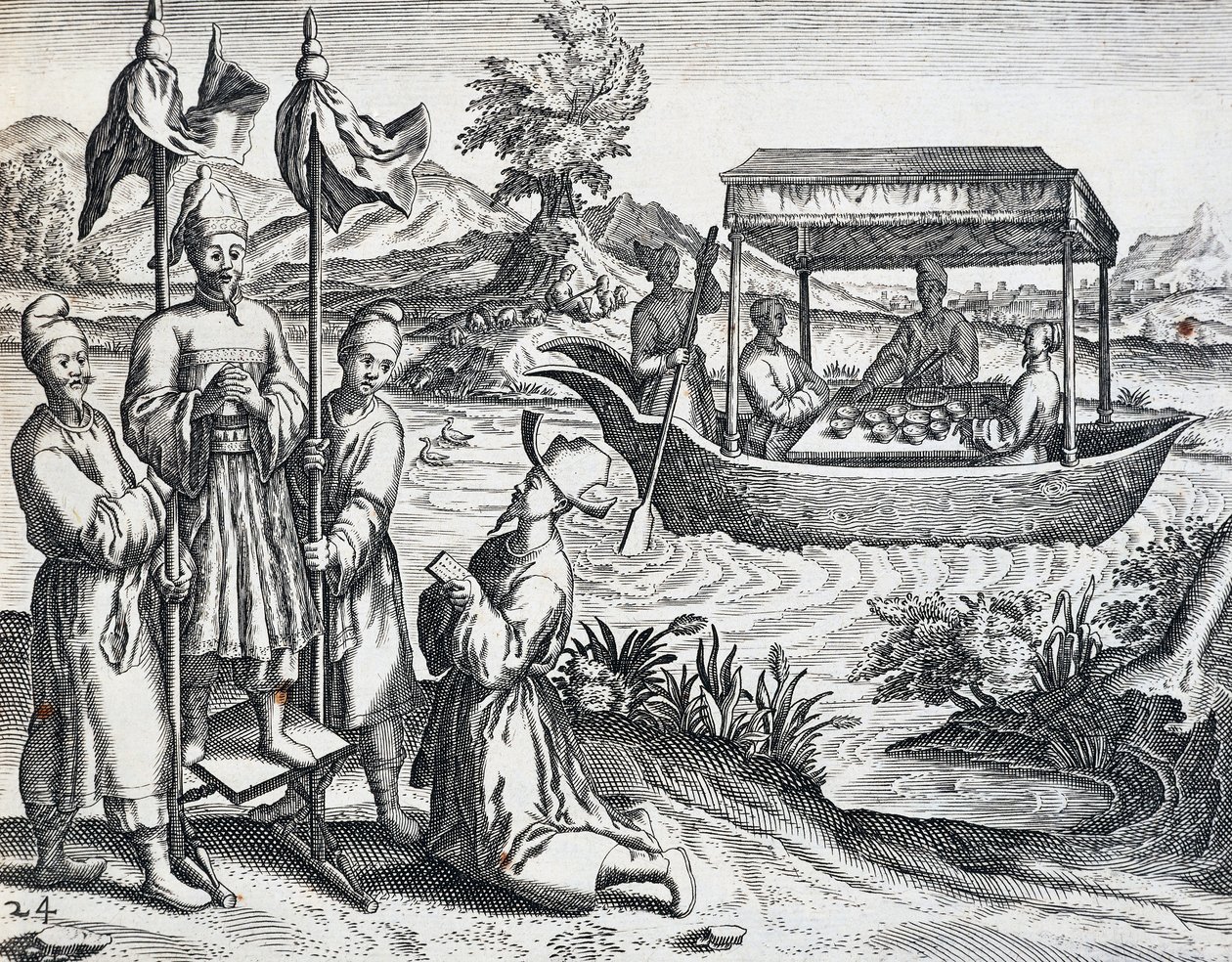 Straat van hoogwaardigheidsbekleders, uit reis ondernomen door Jan Huyghen van Linschoten (1563-1611) tussen 1583 en 1592, gravure uit India Orientalis door Theodor de Bry (1528-1598), China door Theodore de Bry