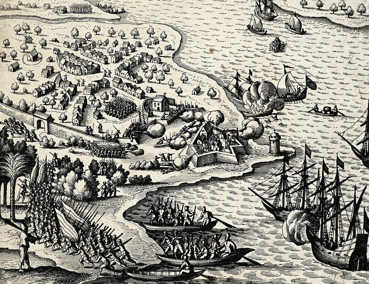 Nederlandse expeditie langs de kust van Mozambique, gravure uit India orientalis door Theodore de Bry
