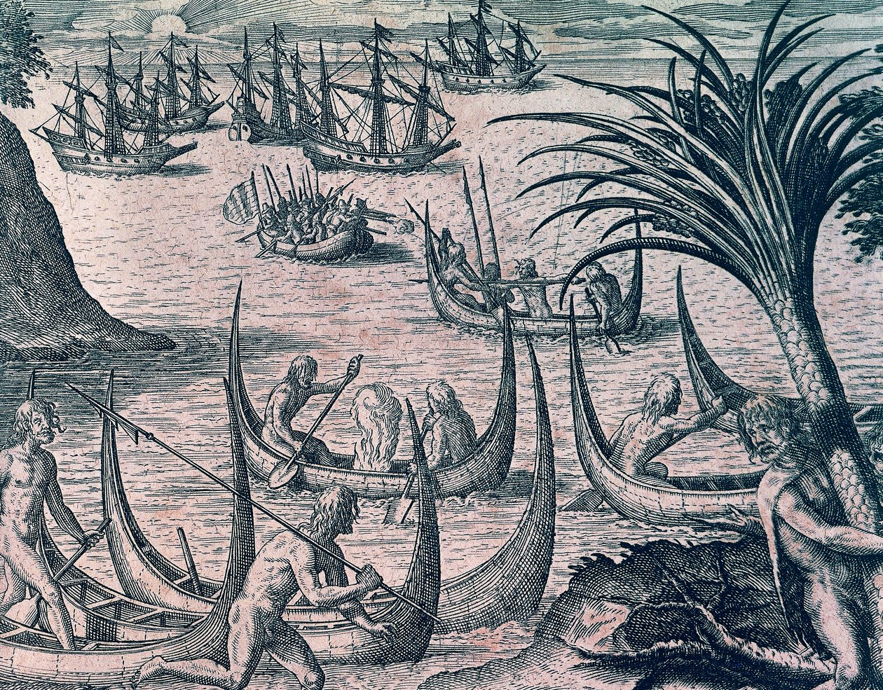 Nederlandse schepen in Straat Magellaan, gravure uit American History door Theodore de Bry, Frankfurt door Theodore de Bry
