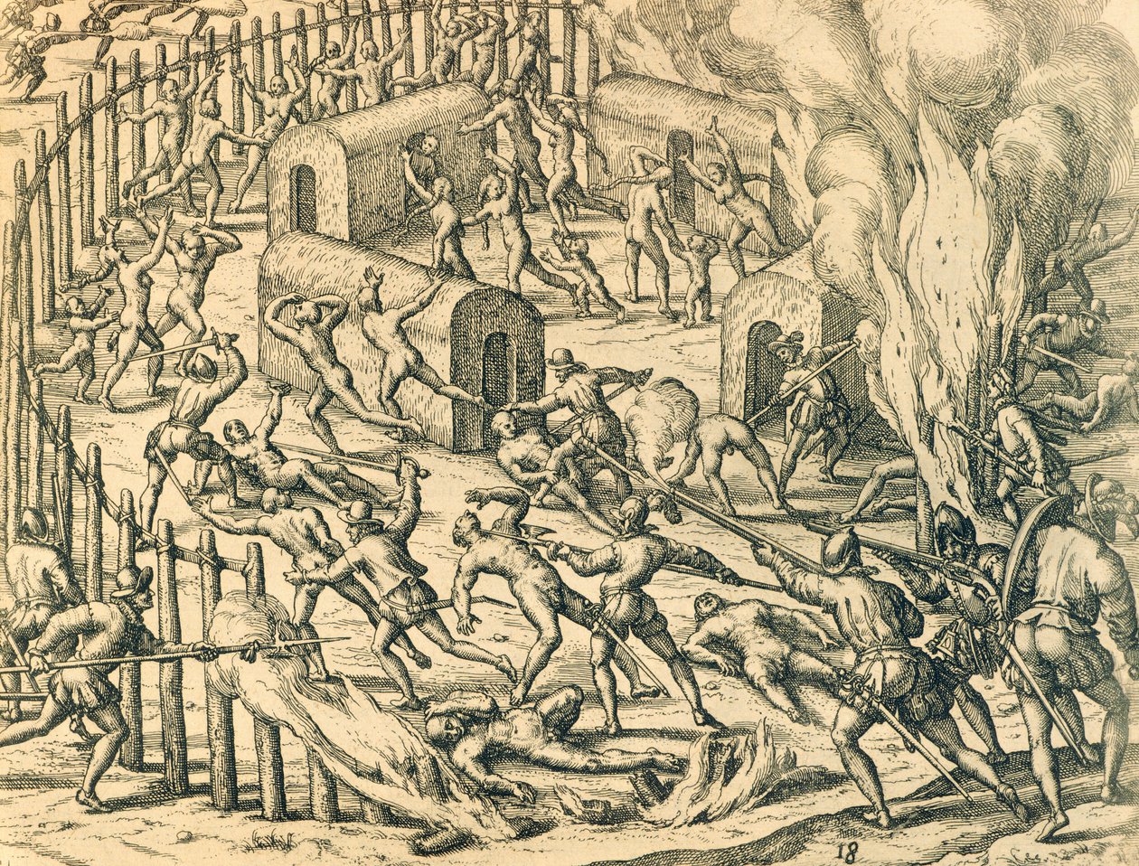 Europese veroveraars vallen een Indiaans dorp aan, Illustratie uit Amerikaanse Geschiedenis door Theodore de Bry door Theodore de Bry