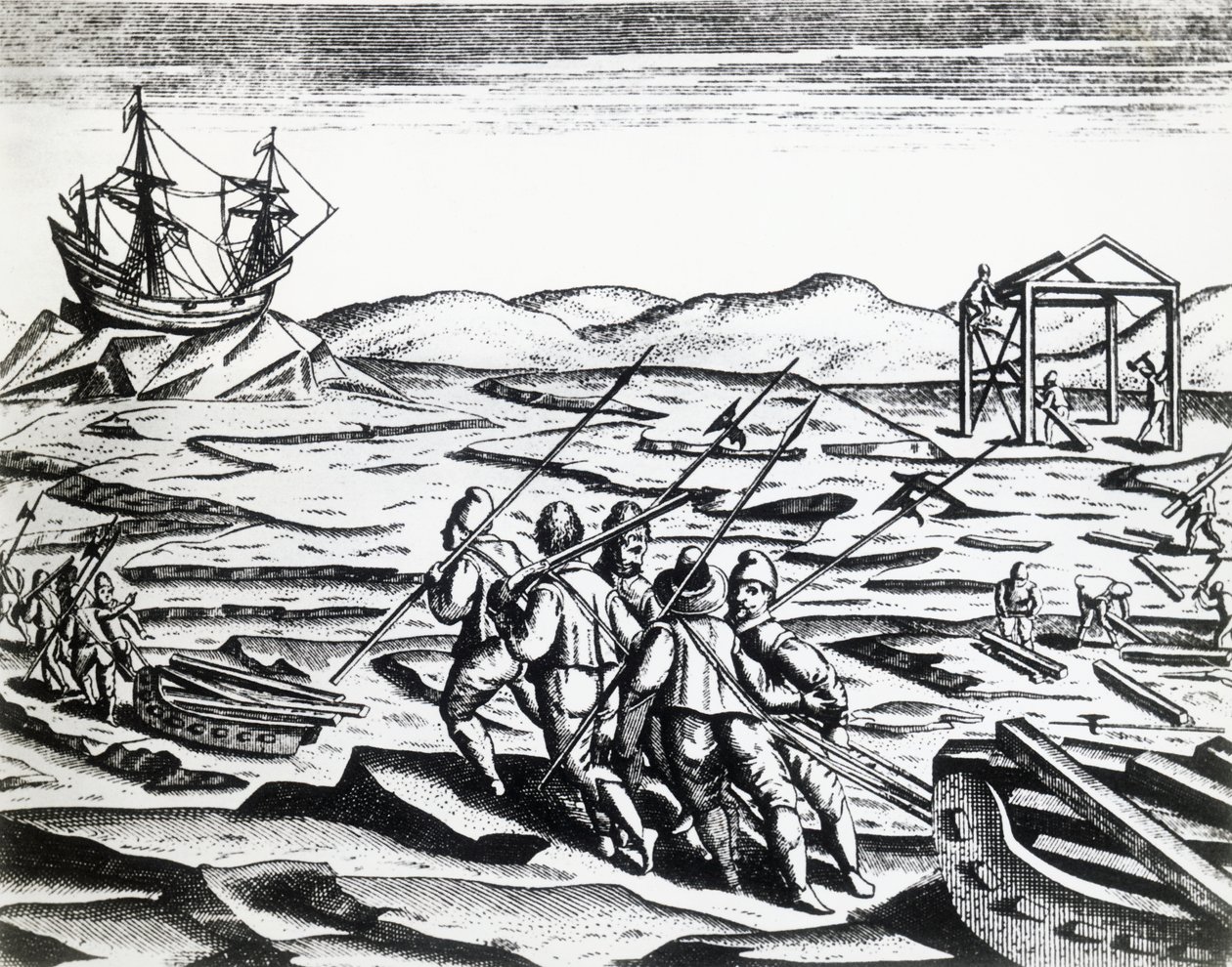 Expeditie geleid door Willem Barentsz op zoek naar de Noordoostelijke Doorvaart, uit Peregrinationes, gravure door Theodore de Bry