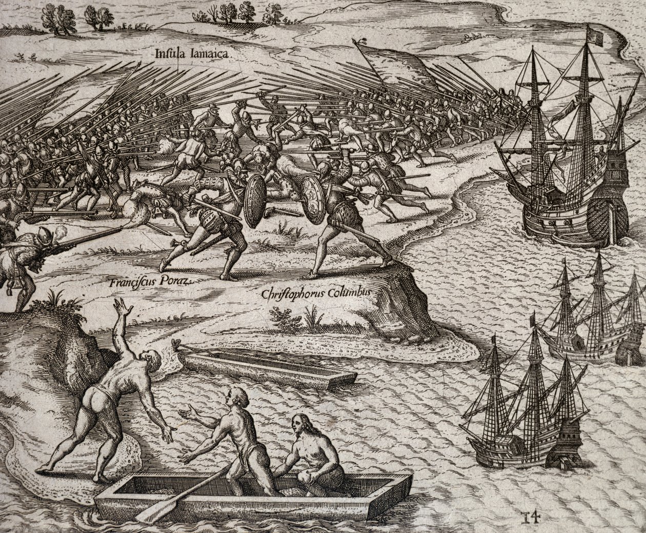 Gevecht tussen Christoffel Columbus en Francesco Poresio in Jamaica, gravure door Theodor de Bry (1528-1598) door Theodore de Bry