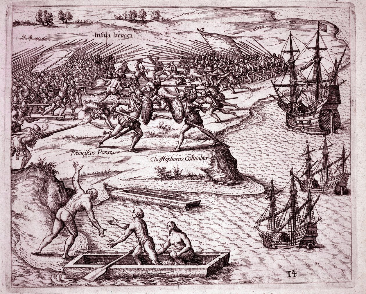 Vierde reis van Christoffel Columbus op het eiland Jamaica in 1503 door Theodore de Bry
