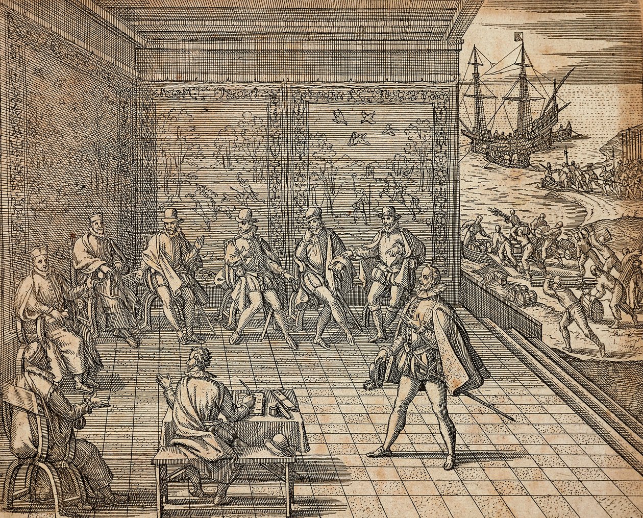 Francesco Pizarro bereidt zich voor op zijn expeditie naar Zuid-Amerika door Theodore de Bry