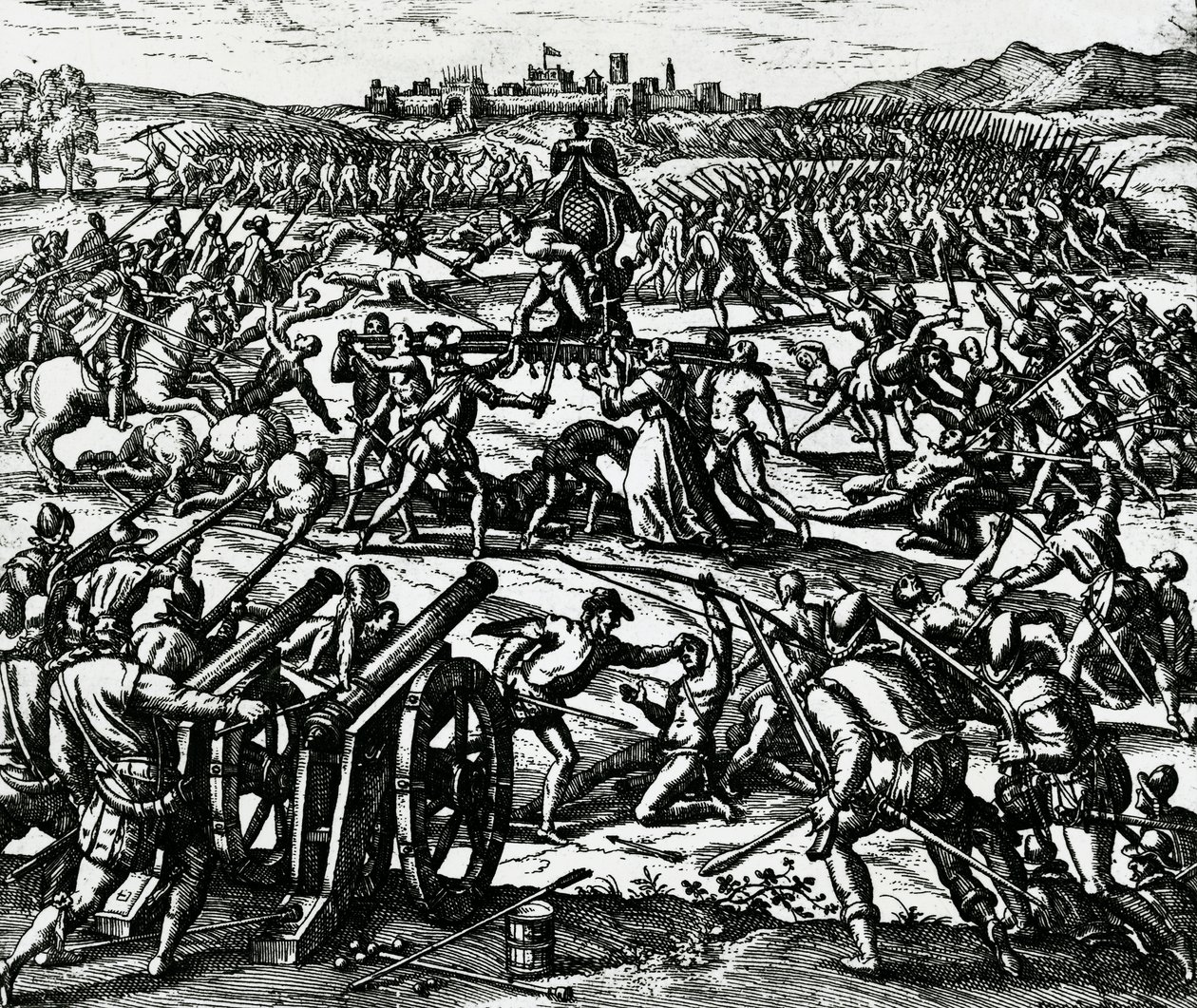 Troepen van Francisco Pizarro nemen Inca-keizer Atahualpa gevangen tijdens de Slag bij Cajamarca, 16 november door Theodore de Bry