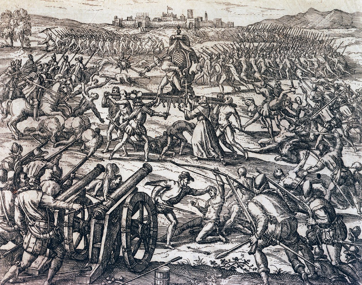 Troepen van Francisco Pizarro (circa 1475-1541) vangen Inca-keizer Atahualpa tijdens de Slag bij Cajamarca, 16 november door Theodore de Bry