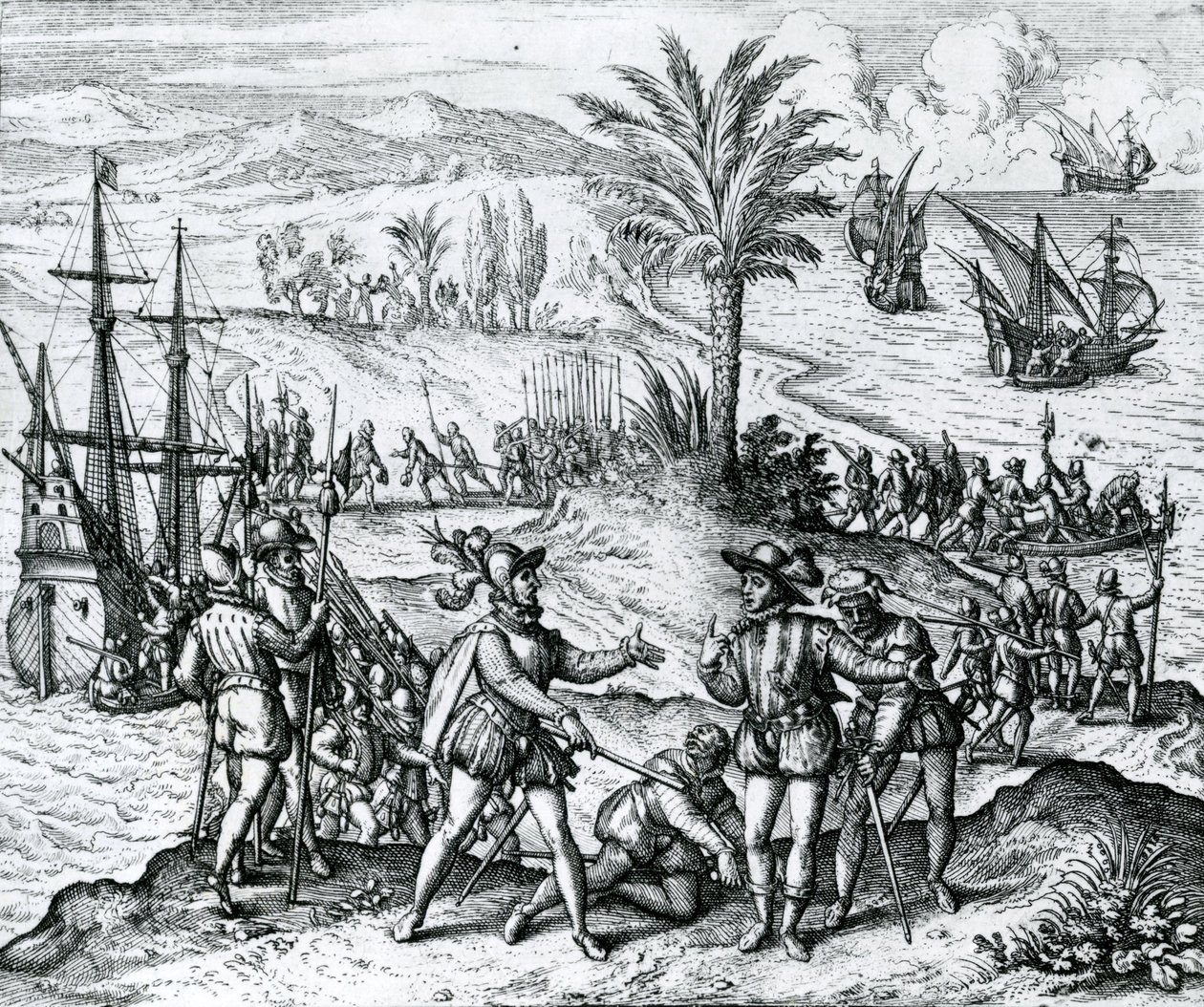 Francisco de Bobadilla arriveert als Gouverneur en arresteert Christoffel Columbus (1451-1506) in Hispaniola, 1500, 1590 door Theodore de Bry