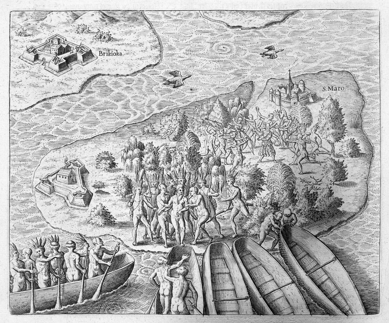 Hans Staden gevangen door Tupinamba Indianen tijdens zijn reis naar Brazilië, 1552, uit 