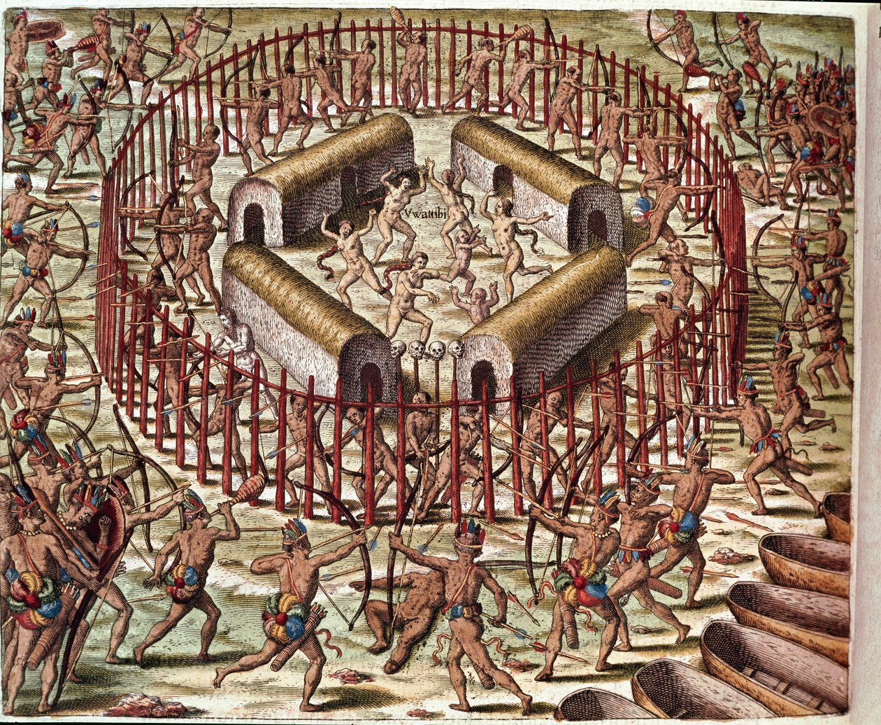 Geschiedenis van Amerika: "Een Indiaans Dorp in Virginia" Gravure uit "Admirante Narratio Americae" door Theodore de Bry (1528-1598) door Theodore de Bry