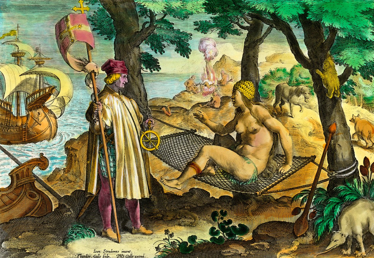 Geschiedenis van Amerika: Eerste contact van de Italiaanse navigator Amerigo Vespucci met de Indianen van Amerika door Theodore de Bry
