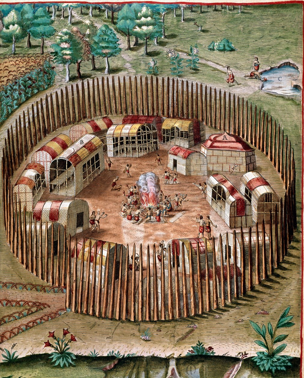 Geschiedenis van Amerika: "Voorstelling van de versterkte stad Pomeiock of Pomeiooc in Virginia in 1585" Gravure uit "Admirante Narratio Americae" door Theodore de Bry (1528-1598) door Theodore de Bry