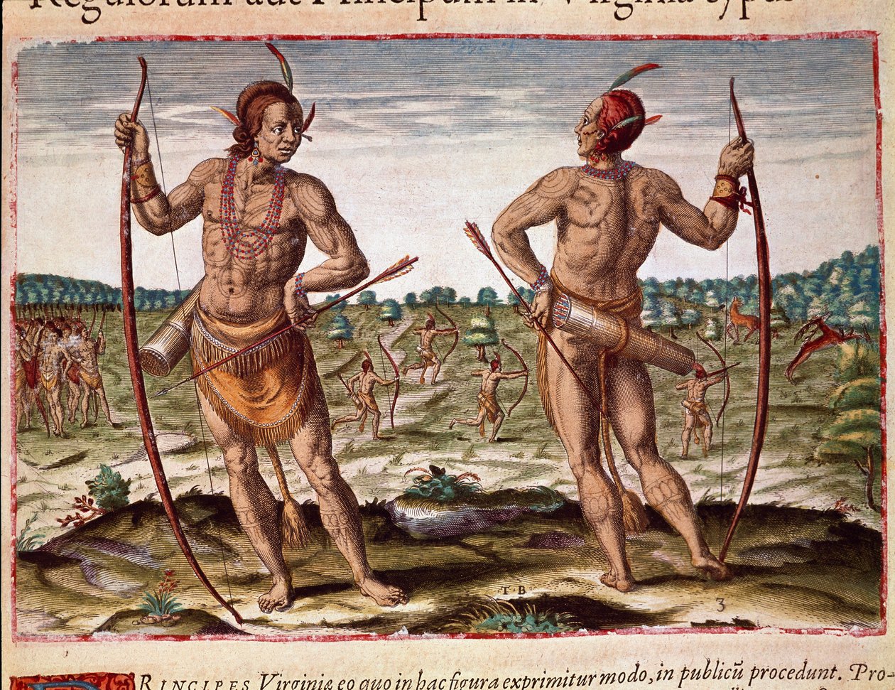 Geschiedenis van Amerika: "Twee inwoners van Virginia, Indiaanse wapens van pijlen en boog" Gravure uit "Admirante Narratio Americae" door Theodore de Bry (1528-1598) door Theodore de Bry