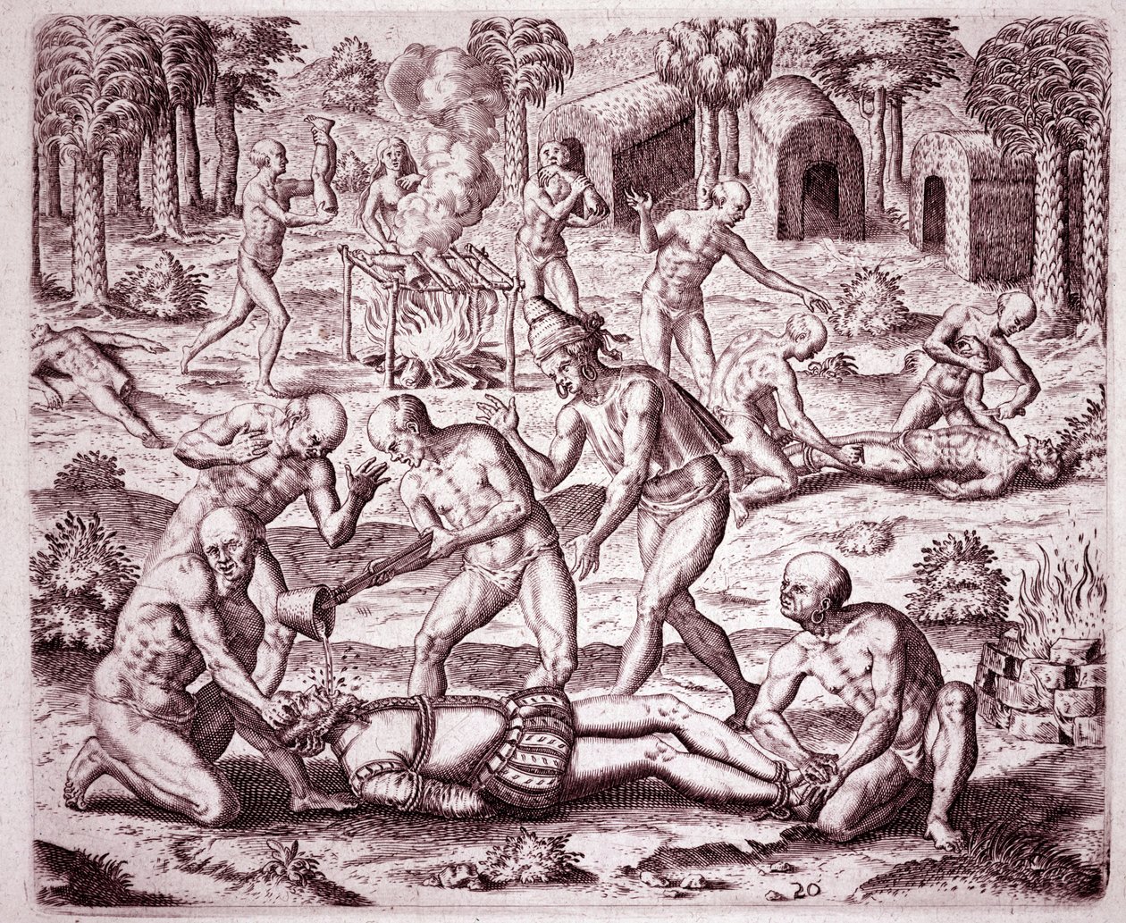 Geschiedenis van Amerika: beschrijving van de martelingen door de Indianen aan Spaanse kolonisten door Theodore de Bry