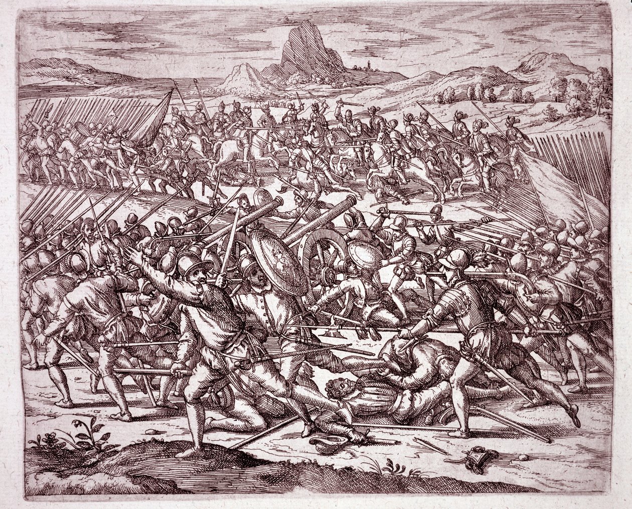 Geschiedenis van Amerika: gevechten tussen de legers van Vaca de Castro en Almagro junior na de dood van Francisco Pizarro en Diego de Almagro (Gravure) door Theodore de Bry