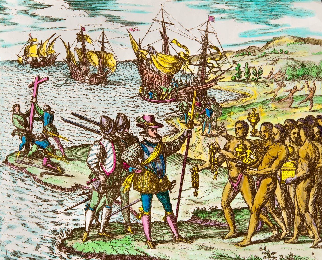Geschiedenis van Amerika: de ontdekkingsreiziger Christoffel Columbus (1451-1506) wordt verwelkomd door de Indianen bij zijn aankomst in de Nieuwe Wereld (gravure van Theodore De Bry, 16e eeuw) door Theodore de Bry