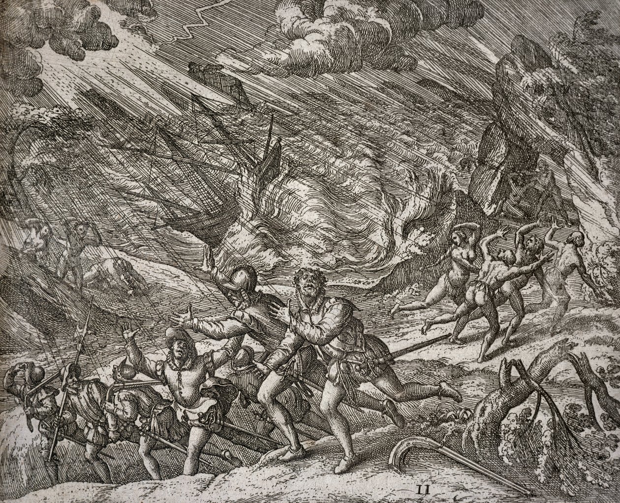 Orkaan laat de Santa Maria zinken, karveel van Christoffel Columbus door Theodore de Bry