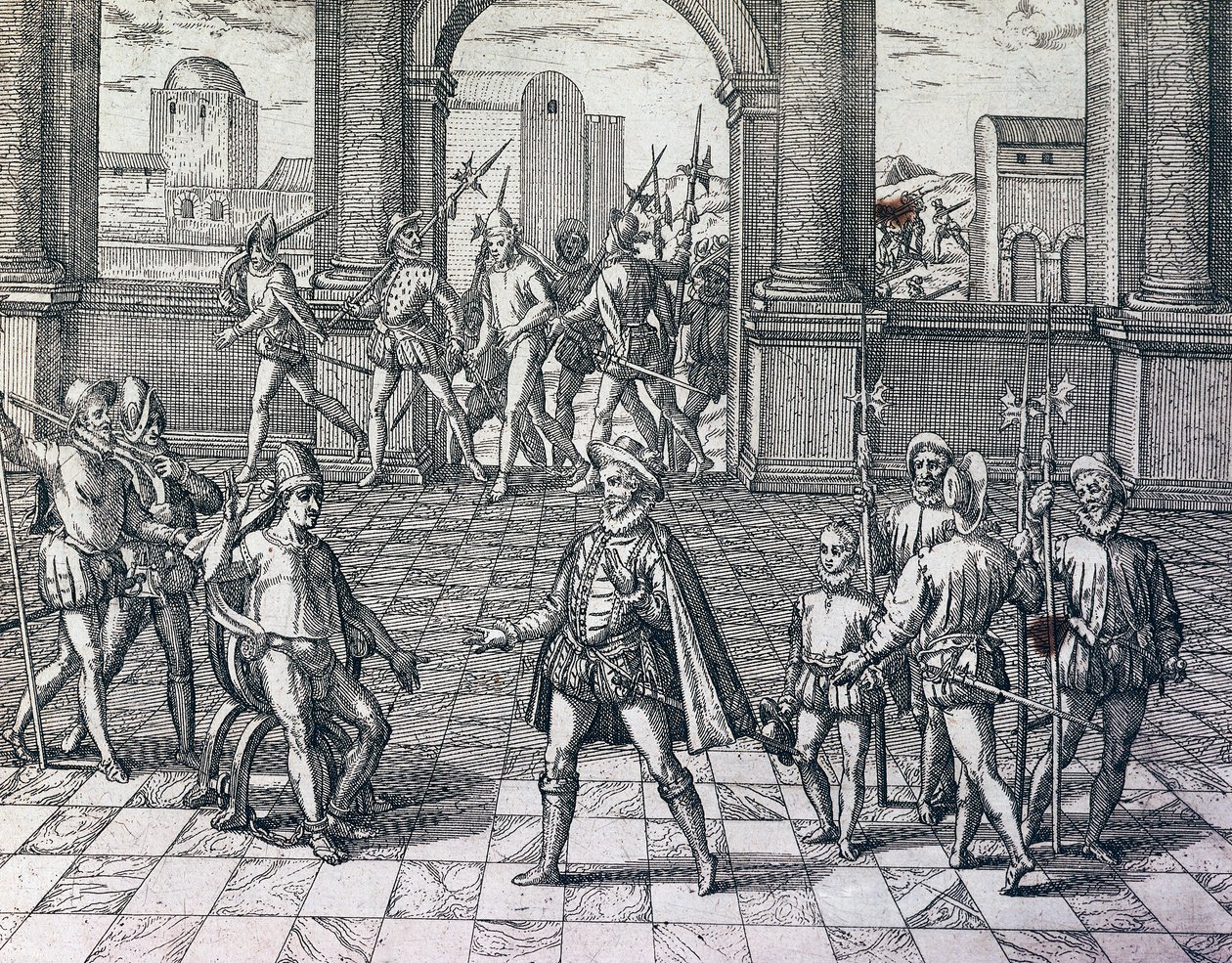 Inca-keizer Atahualpa wordt gevangengenomen door Spanjaarden in Cajamarca, Peru, gravure uit American History door Theodore de Bry, Frankfurt door Theodore de Bry