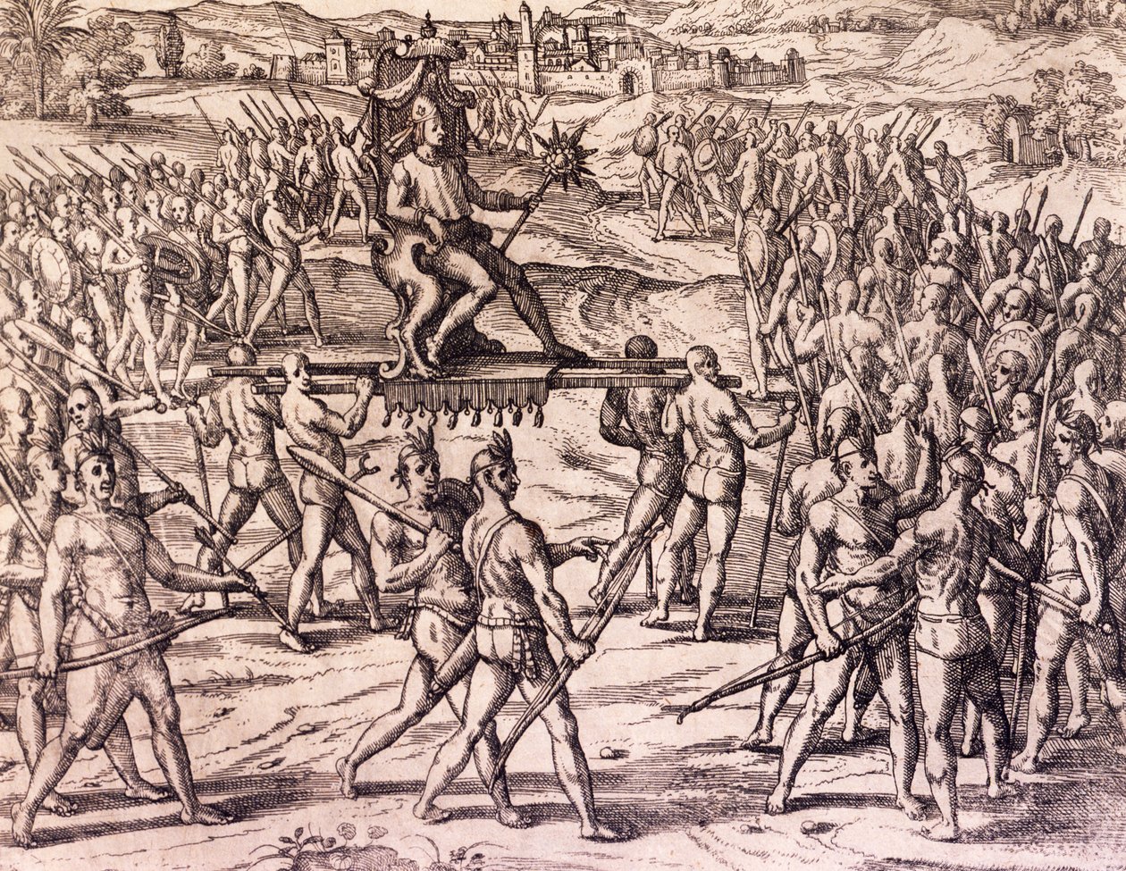 Inca-keizer Atahualpa verslagen door Spaanse troepen van Francisco Pizarro, Peru, gravure uit American History door Theodore de Bry
