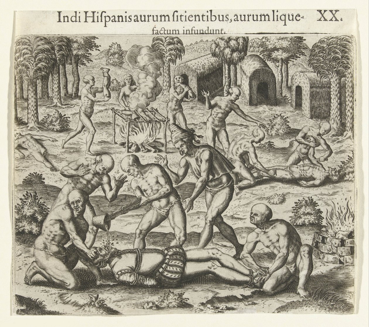 Indianen gieten vloeibaar goud in de mond van een Spanjaard, 1594 door Theodore de Bry