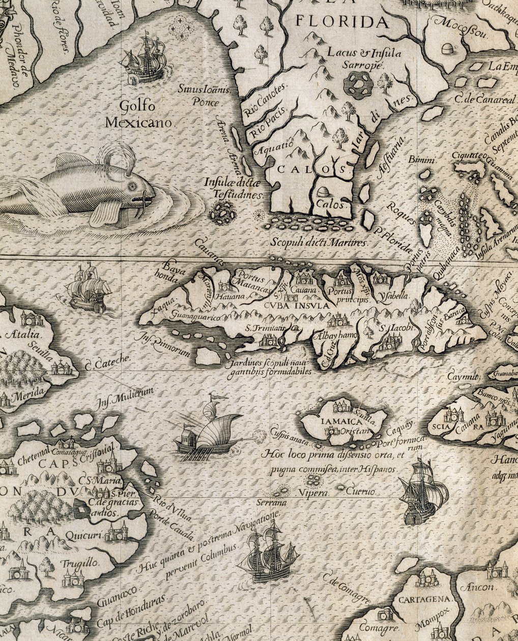 Eiland Cuba, Florida en Golf van Mexico, gravure uit History of American Grand Voyages door Theodore de Bry