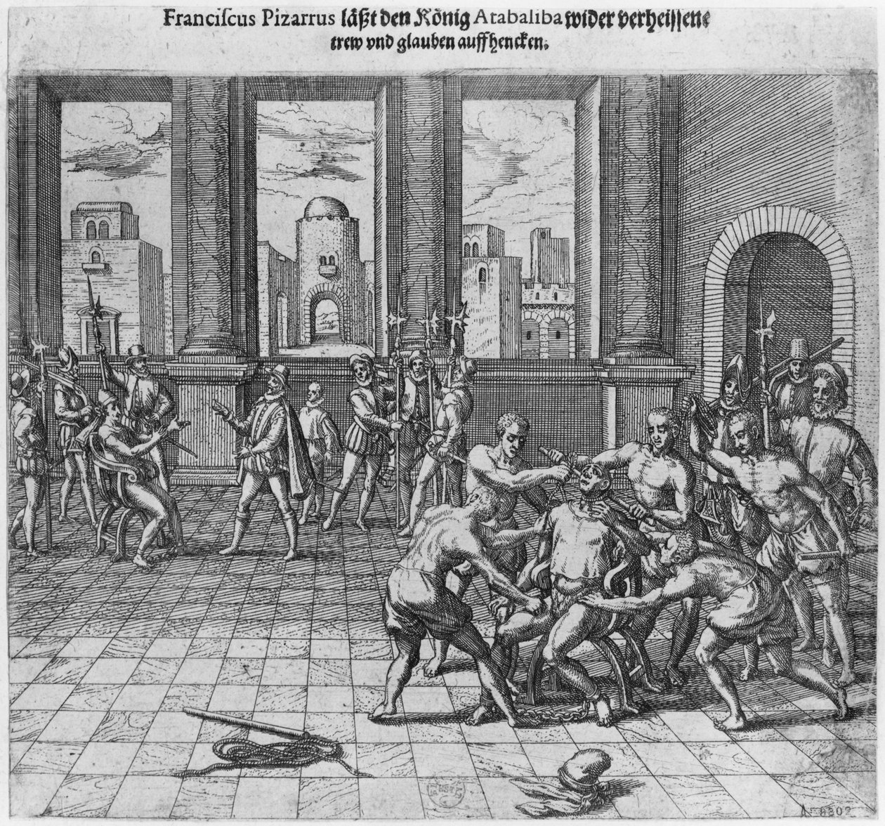 Koning Atahualpa geëxecuteerd in Cajamarca in opdracht van Francisco Pizarro, 1533 door Theodore de Bry