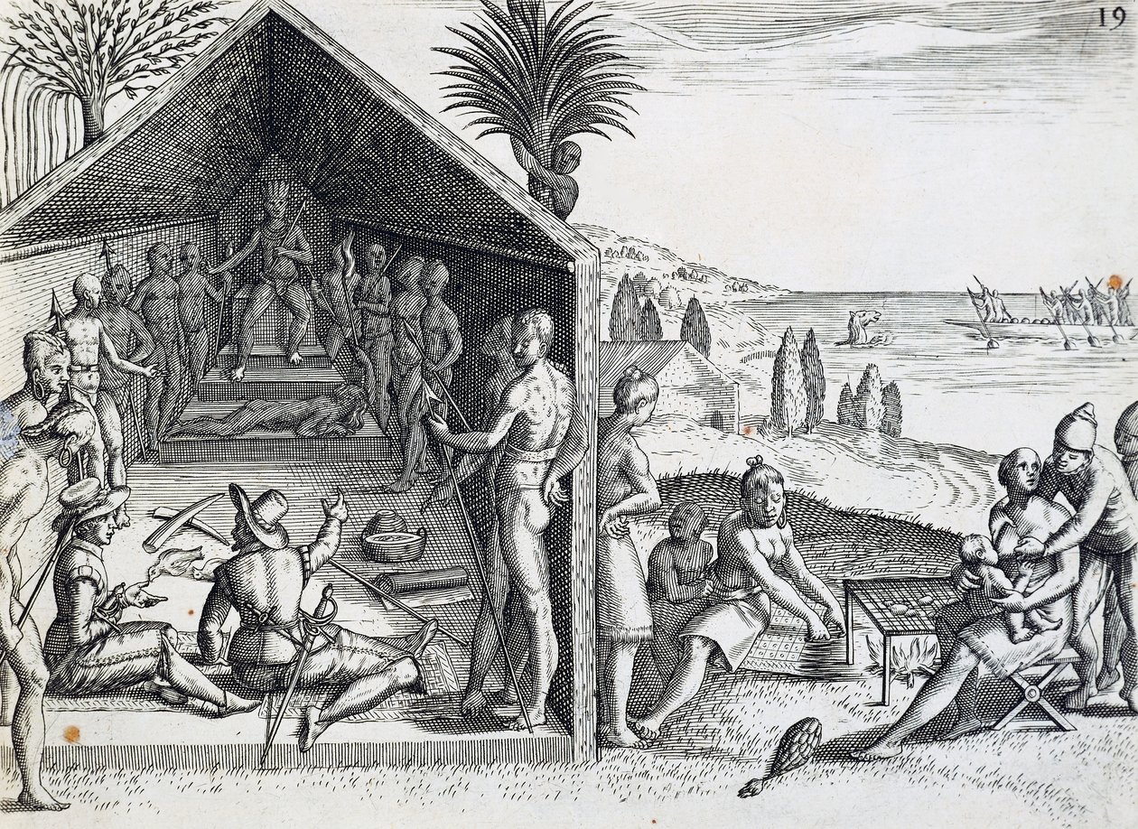 Koning ontvangt Europese bezoekers, Kaap Lopez, Gabon, gravure uit India orientalis door Theodor de Bry, Afrika door Theodore de Bry