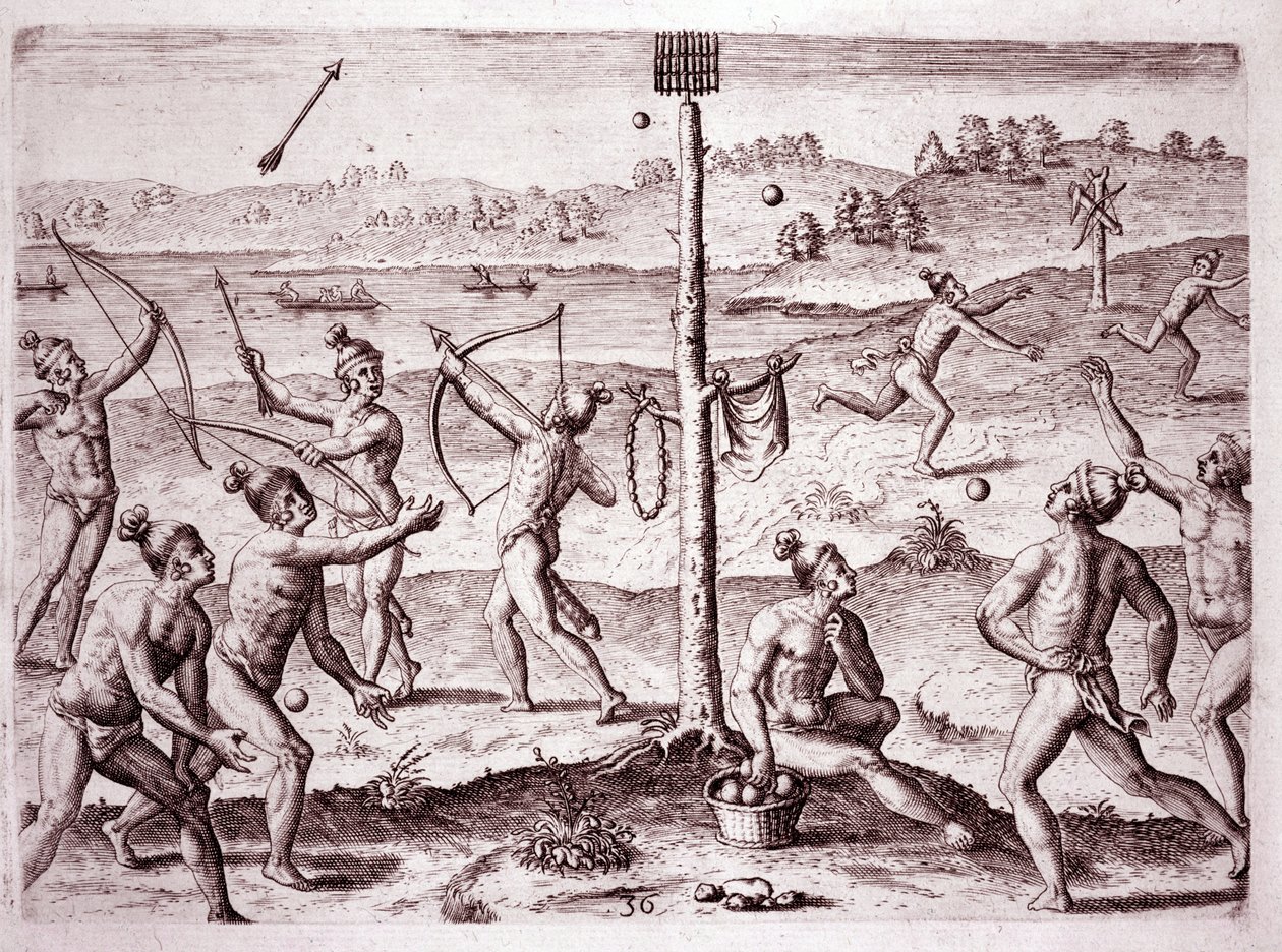 Inheemse Amerikanen oefenen hardlopen, pijlschieten en balwerpen, Florida (Gravure) door Theodore de Bry