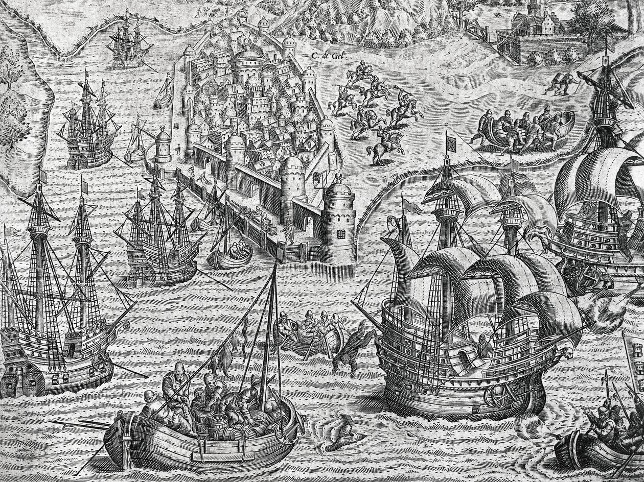 Zeeslag, gravure uit American History door Theodore de Bry