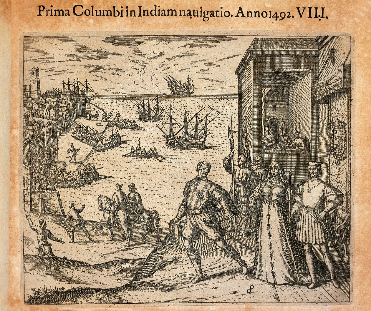 Koningin Isabel en koning Ferdinand begroeten het vertrek van Christoffel Columbus in Palos, Spanje, gravure door Theodor de Bry door Theodore de Bry