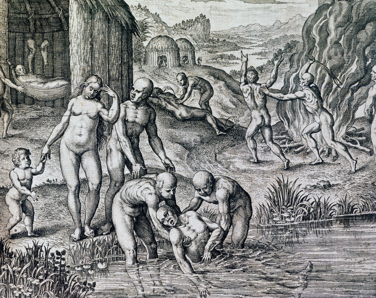 Remedies gebruikt door inboorlingen tegen ziekte, gravure uit Historia America door Theodore de Bry