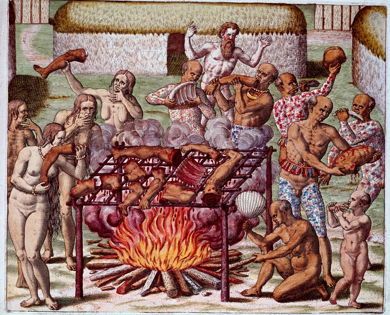 Scène van kannibalisme in Brazilië Indianen verslonden hun vijanden en gevangenen. Gravure uit 