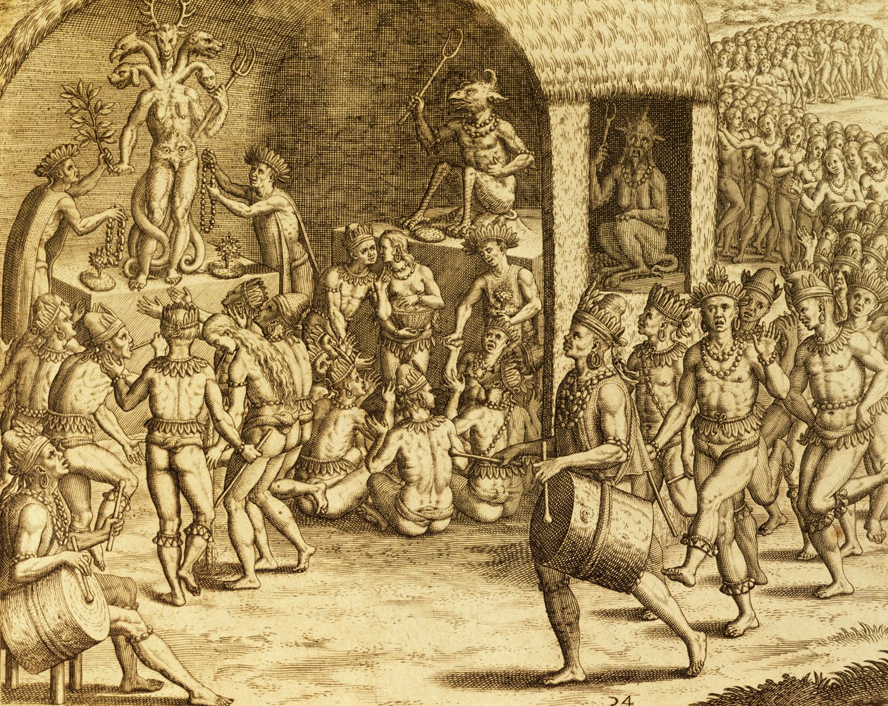 Zuid-Amerikaanse inheemse religieuze rite, gravure uit Historia americae, door Theodor de Bry, Frankfurt door Theodore de Bry