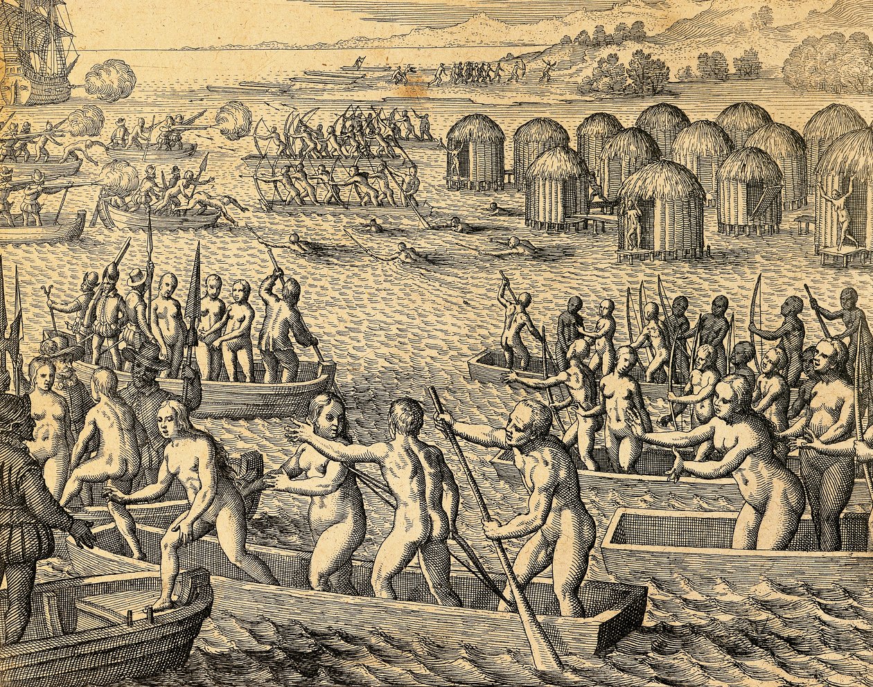 Zuid-Amerikaanse inboorlingen vallen de schepen van de veroveraars aan door Theodore de Bry