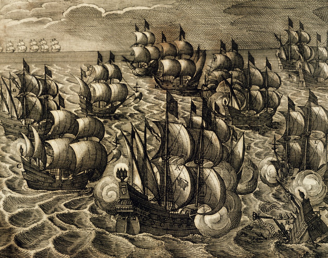 Spaanse Armada onder bevel van Rodrigo Mendoza, gravure door Theodore de Bry, uit History of America, Spanje, 1602 door Theodore de Bry